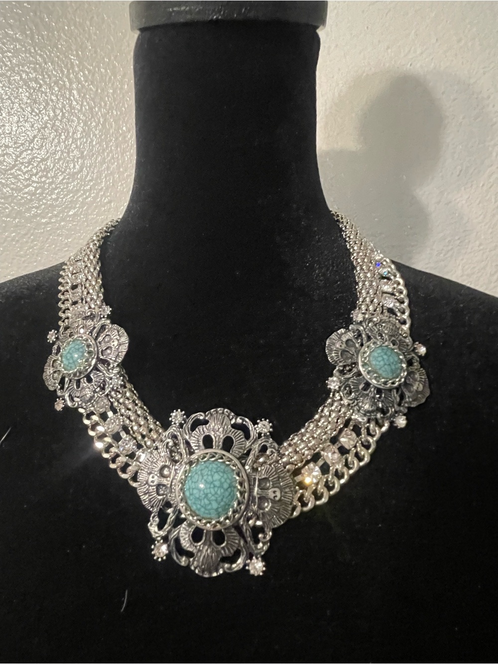 Silver-Tone Filigree Necklace with Turquoise Stones - Women Jewelry